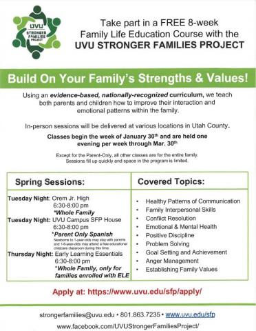 UVU Flyer for family workshop-Build on Your Family's Strengths and Values-FREE 8-week course January 30-March 30