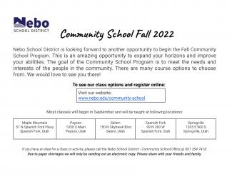 Information flyer for fall community school 2022