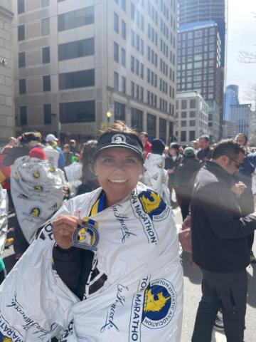 Miss Phillips at the finish line of the Boston Marathon
