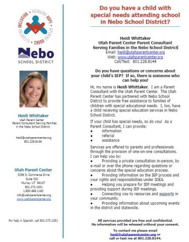 Information flyer for Heidi Whittaker, parent consultant for parents with children who have special needs.