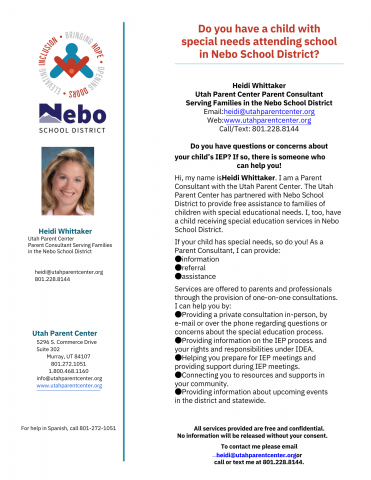 Information Flyer for Heidi Whittaker, Parent consultant for families in Nebo School District