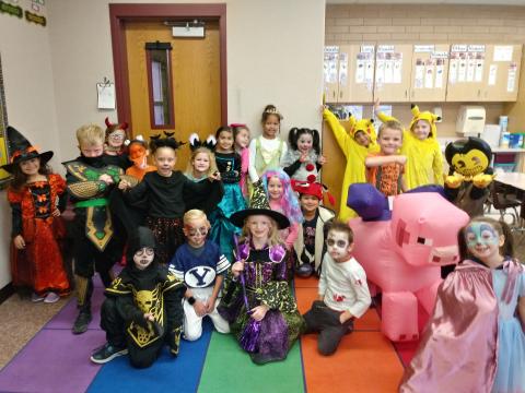 First grade students in Mrs. Harvey's class dressed up in their costumes. 