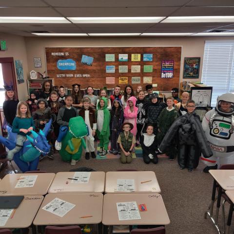 Mrs. Rawle's fifth grade class in their costumes. 