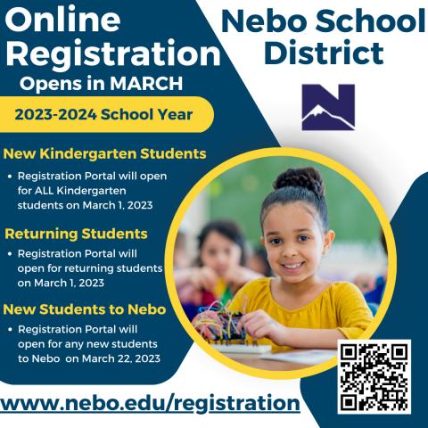 Online registration flyer for Nebo School District. Information for all registration timelines. 