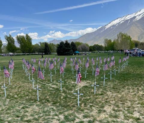 Field of veterans crosses and flags to honor veterans. 