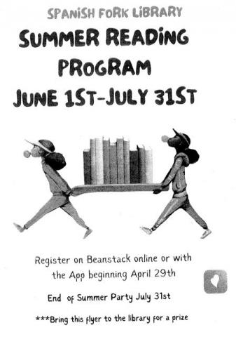 SF Summer Reading program june 1st-July 31st flyer with description on how to sign up. 