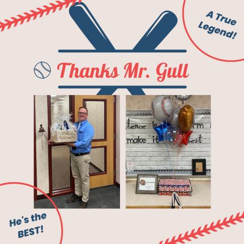 Mr. Gull standing with a gift box by the bell in the office. Cracker Jack boxes for the staff to enjoy while celebrating Mr. Gull. 