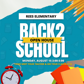 Back to School open house flyer. Monday, August 15th from 3:00-5:00