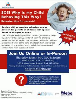 Behavior workshop flyer for March 9th. Online or in-person 7:00-8:30 pm