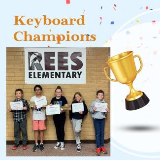 three boys and two girls holding their golden keyboards and certificate from the keyboarding championships.
