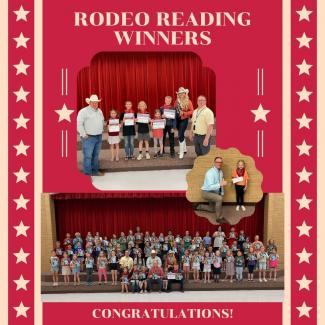 Rodeo Reading Winners on the stage with their books and certificates/rodeo tickest along with Mr. Gull, Rodeo Queen and rodeo staff, and Jentry Youd