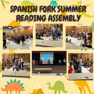 Students, teachers and SF library staff participating in fun activities during an assembly. 